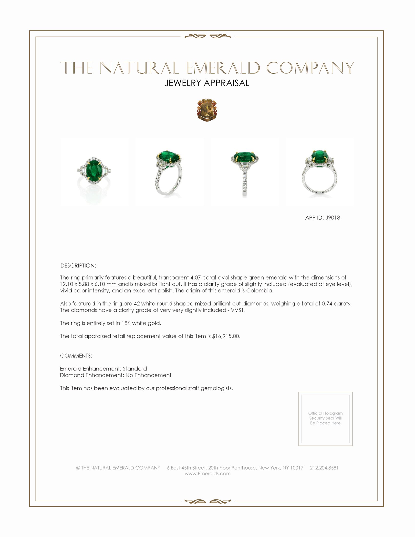 4.07 Ct. Emerald and Natural Diamond Ring, 18K White Gold