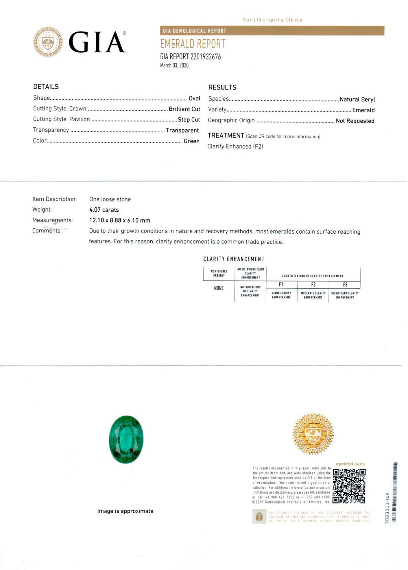 4.07 Ct. Emerald and Natural Diamond Ring, 18K White Gold