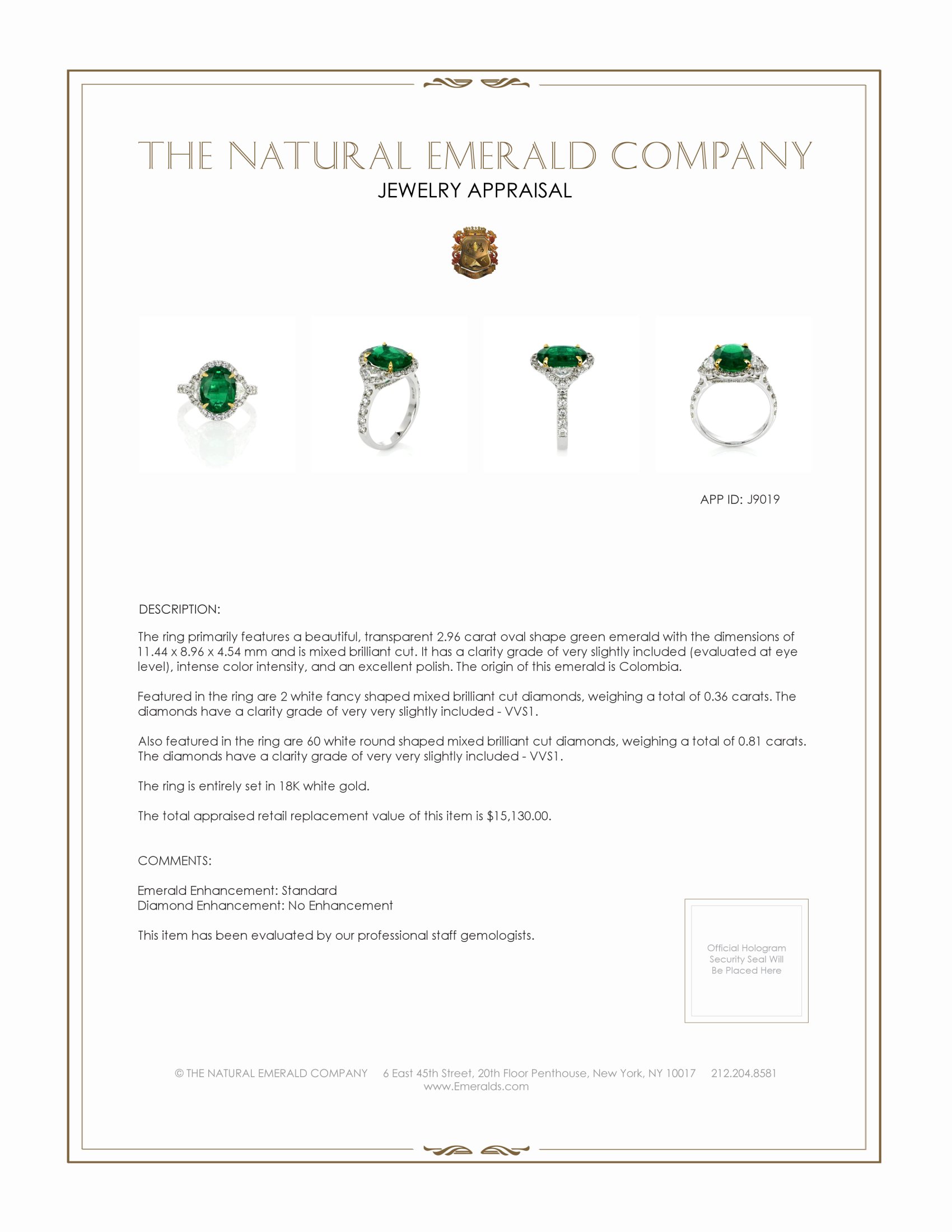 2.96 Ct. Emerald and Natural Diamond Pave Ring, 18K White Gold