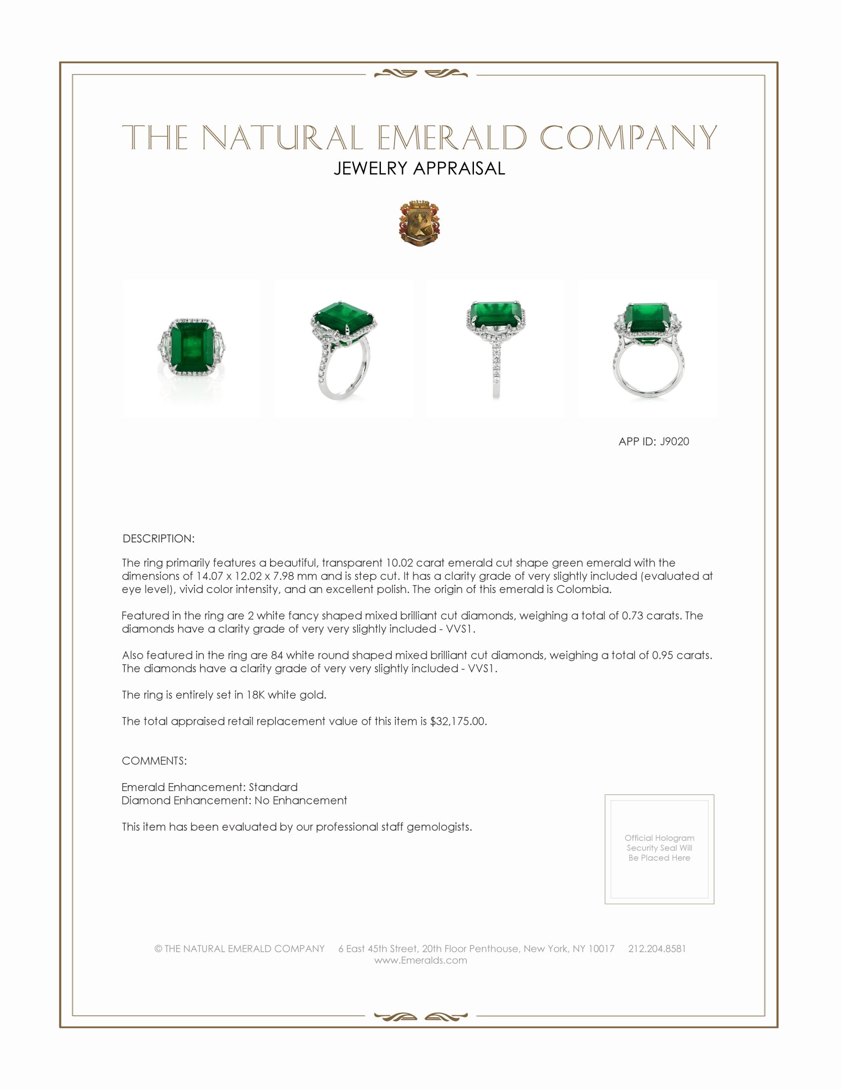 10.02 Ct. Emerald Natural Diamond Ring, 18K White Gold