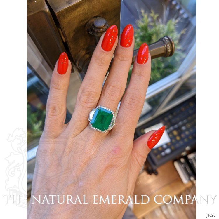 10.02 Ct. Emerald Natural Diamond Ring, 18K White Gold