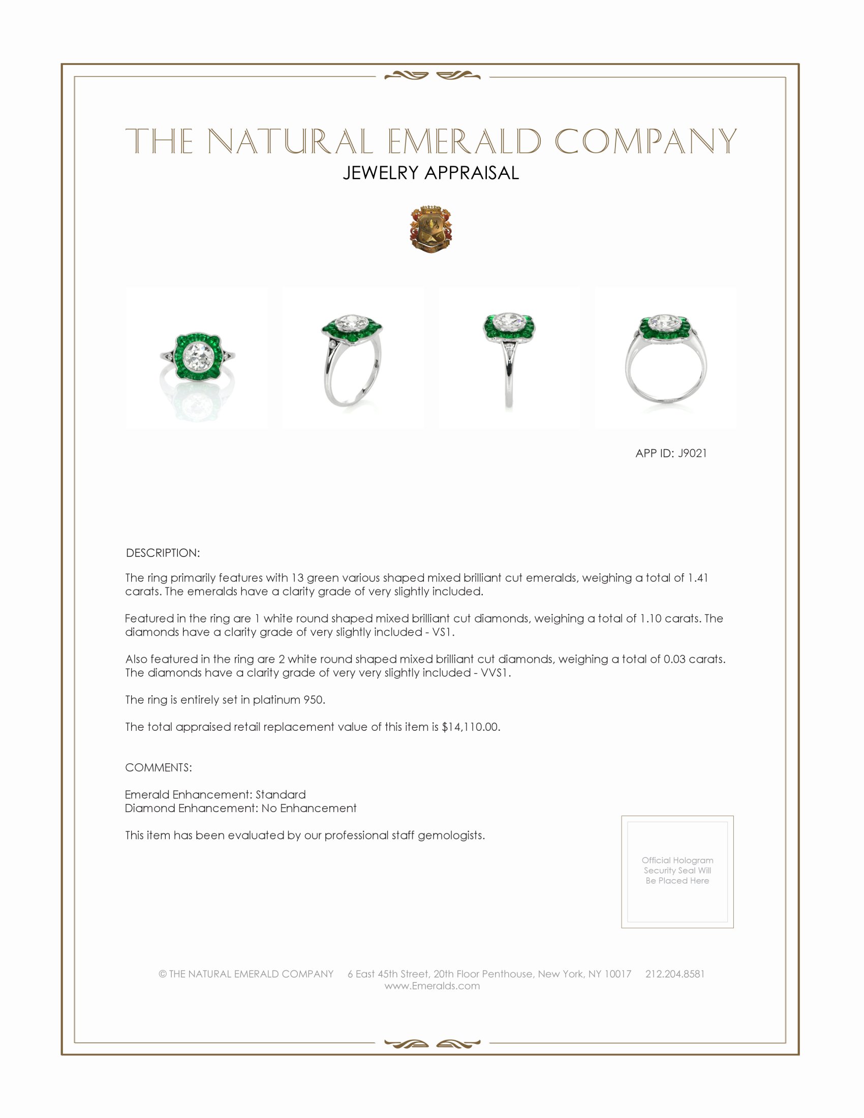 1.41 Ct. Emerald Natural Diamond Antique Style Ring, Platinum 950