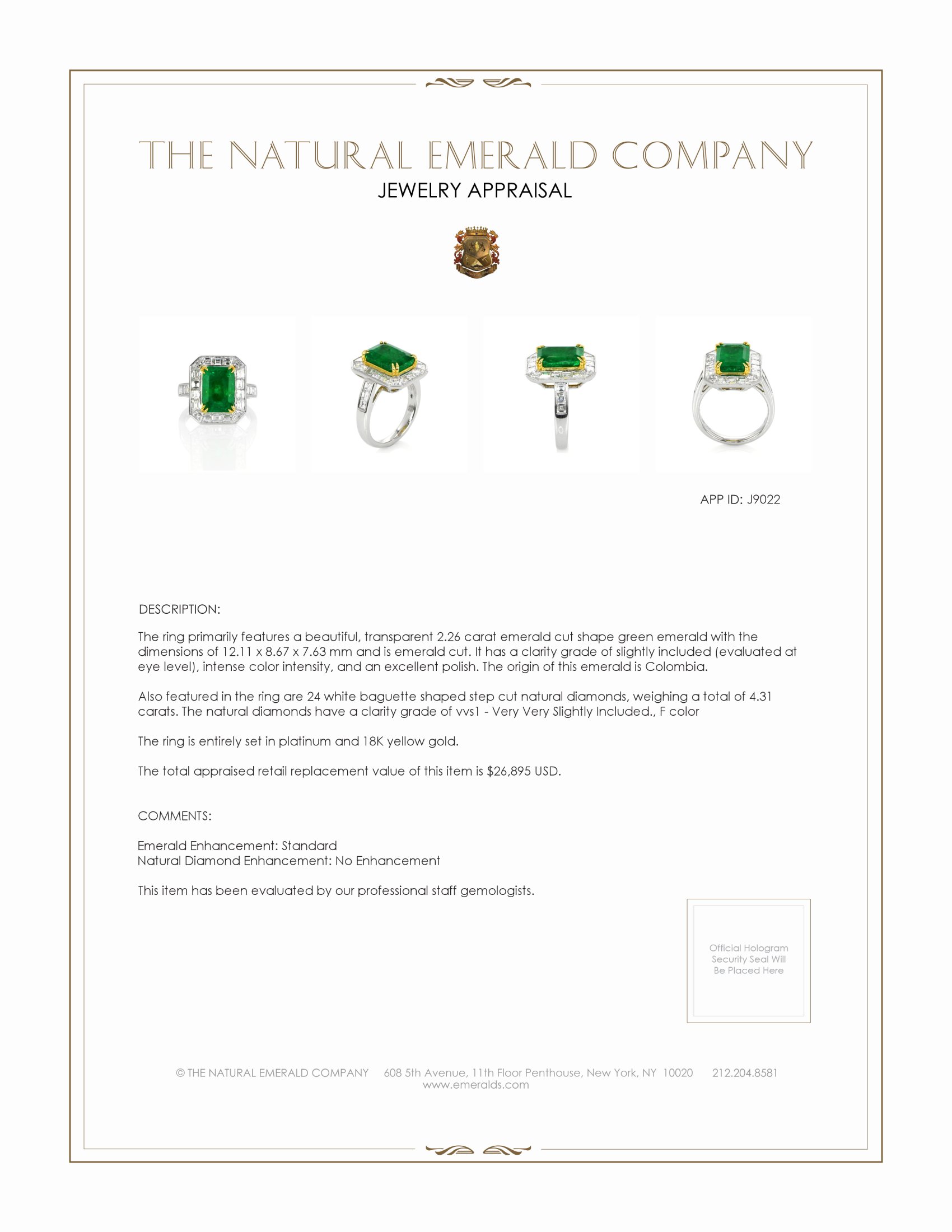 2.26 Ct. Emerald Natural Diamond Halo Ring, Platinum & 18K Yellow