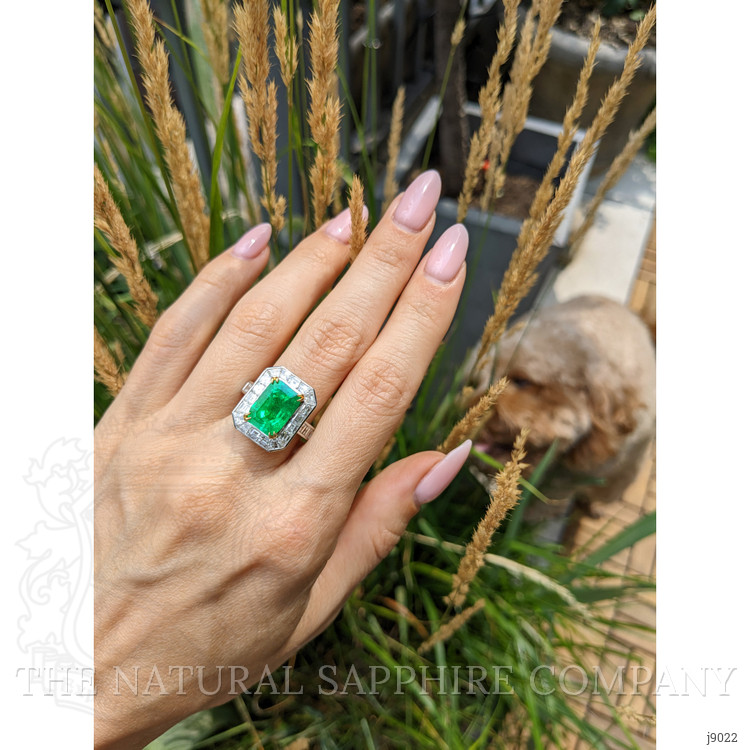 2.26 Ct. Emerald Natural Diamond Halo Ring, Platinum & 18K Yellow