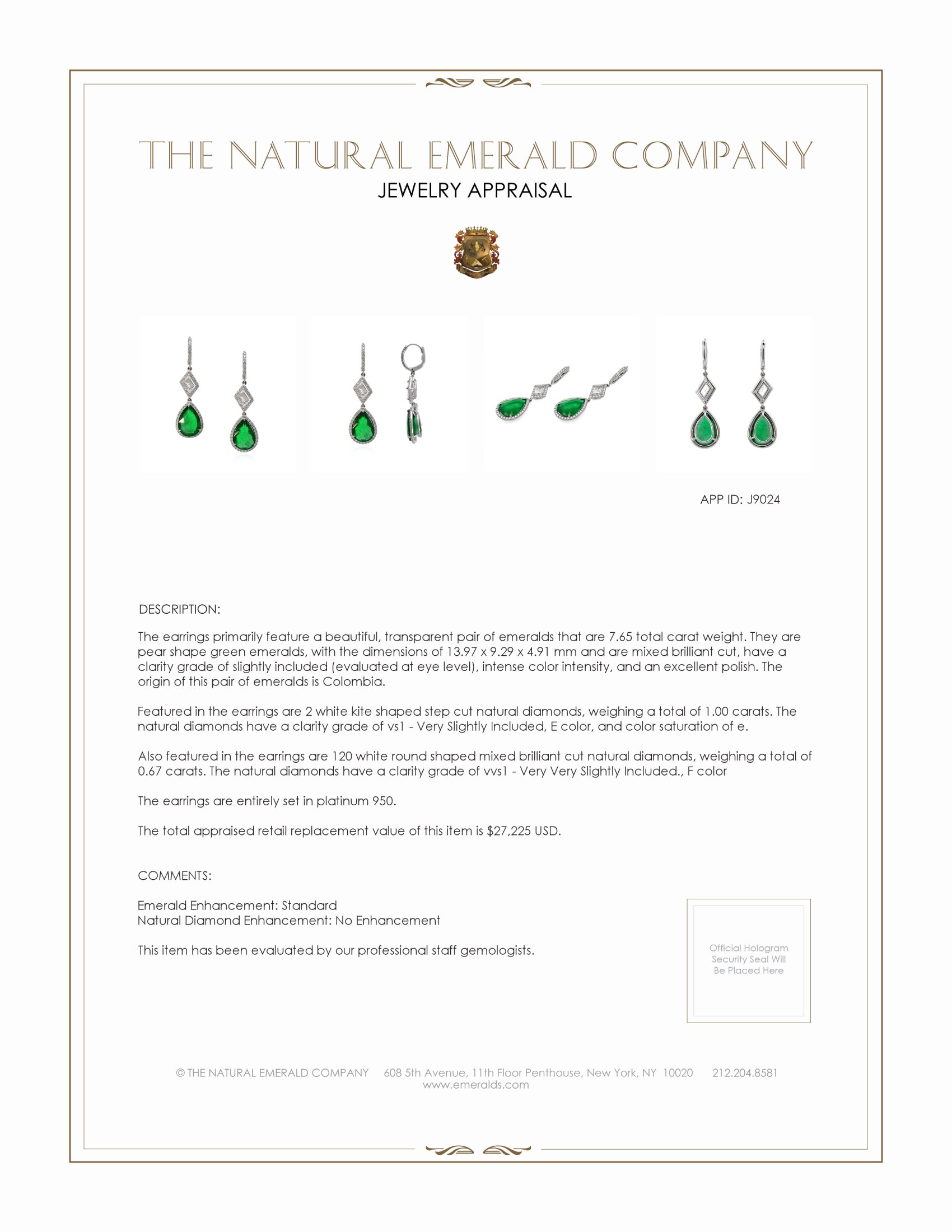 7.65 Ct.Tw. Emerald Natural Diamond Antique Style Earrings, Platinum 950
