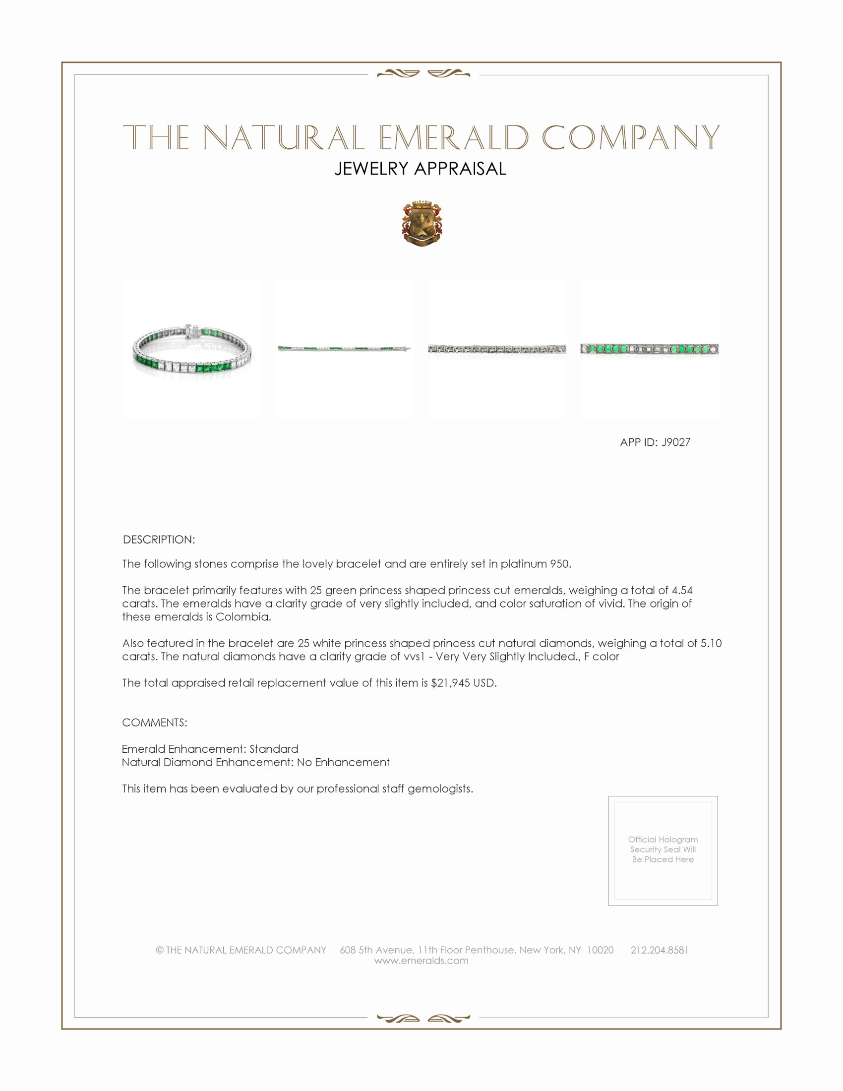 4.54 Ct.Tw. Emerald and Natural Diamond Accent Stones Bracelet, Platinum 950