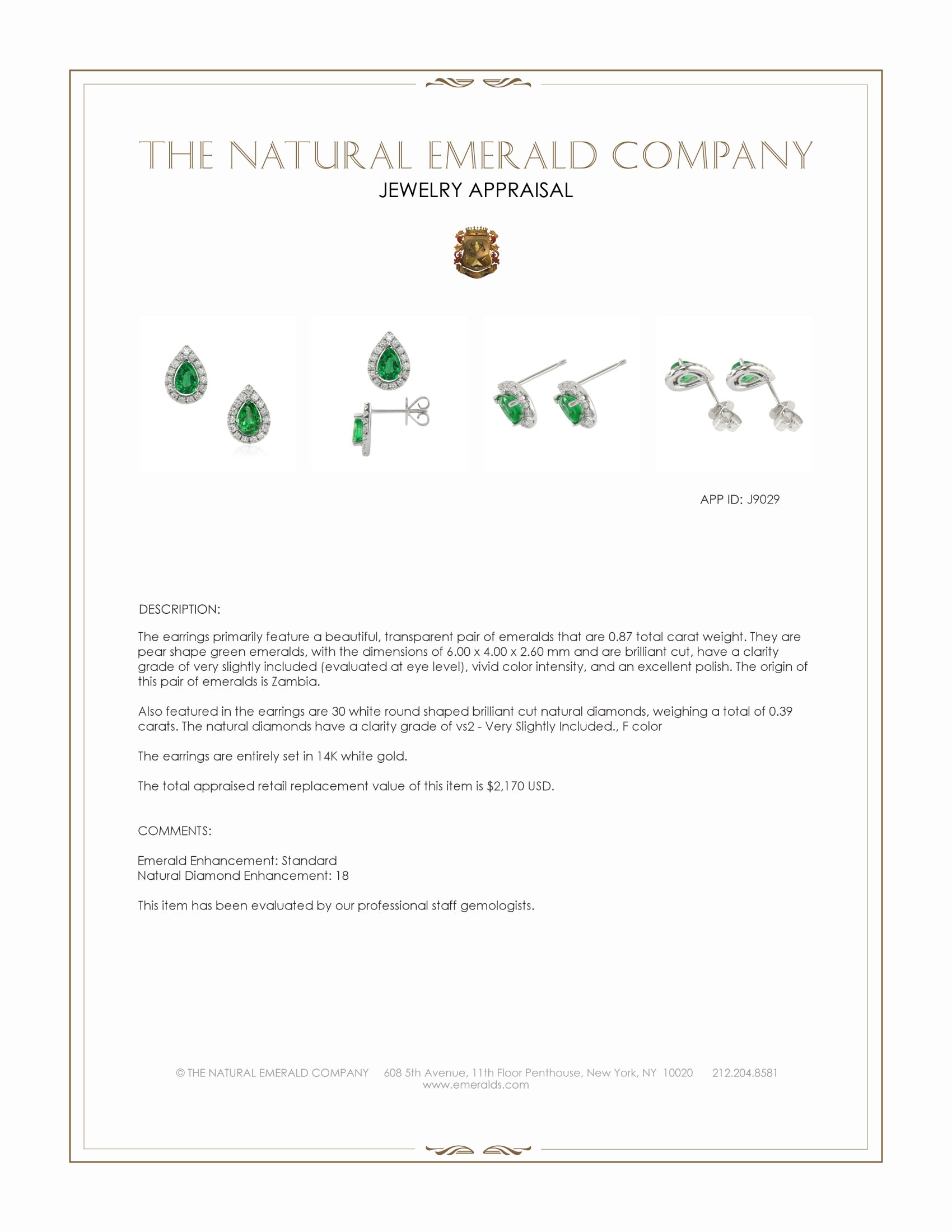 0.87 Ct.Tw. Emerald and Natural Diamond Studs Earrings, 14K White Gold