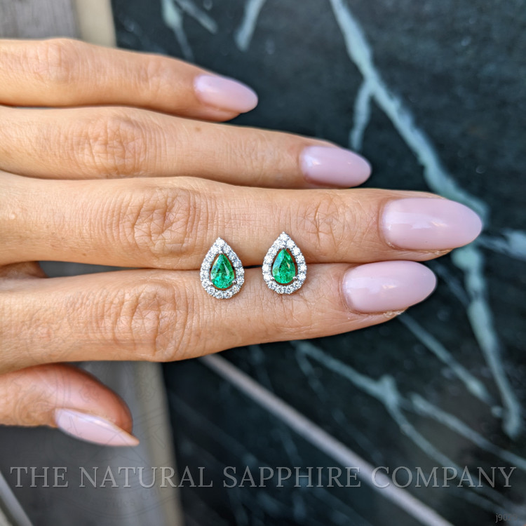 0.87 Ct.Tw. Emerald and Natural Diamond Studs Earrings, 14K White Gold