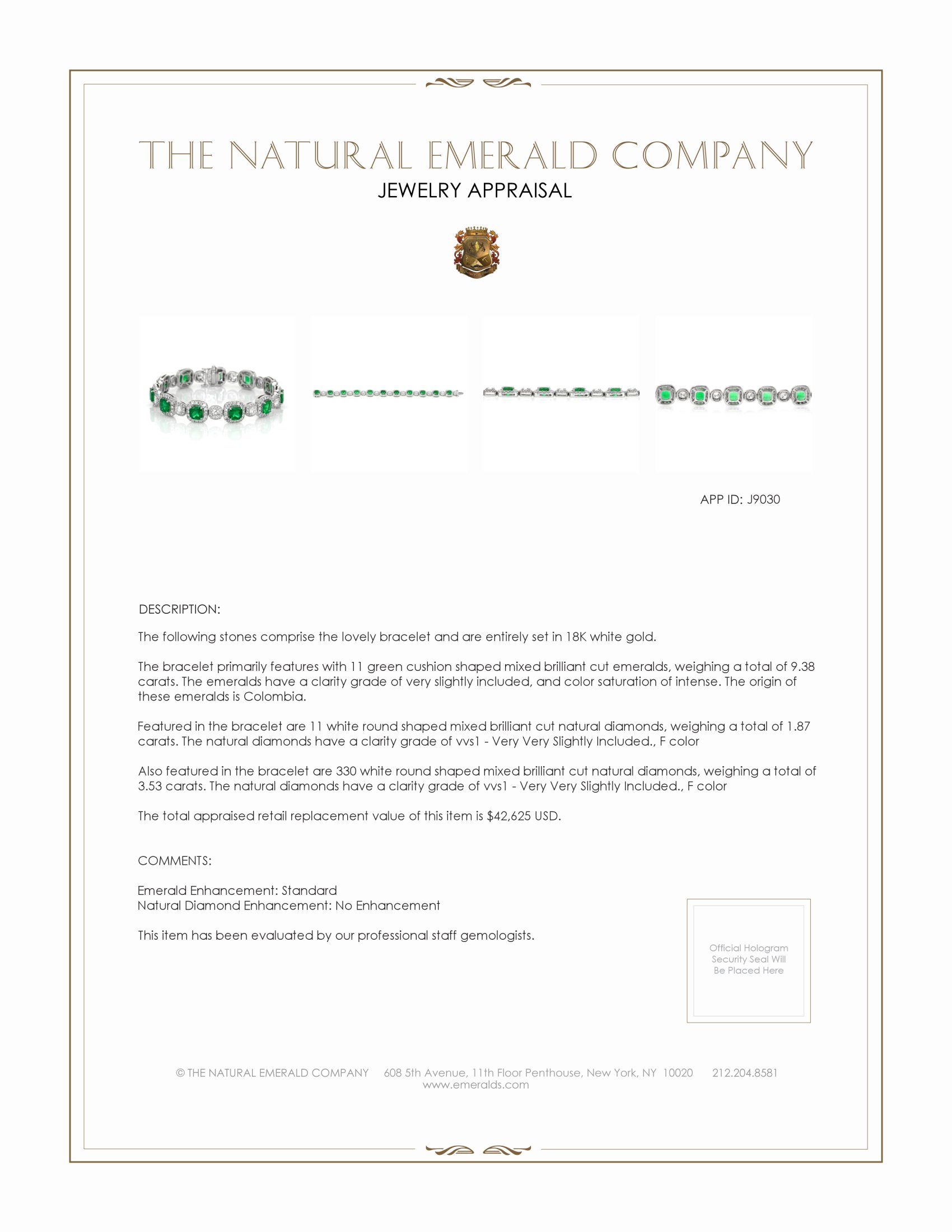 9.38 Ct.Tw. Emerald Natural Diamond Accent Stones Bracelet, 18K White Gold