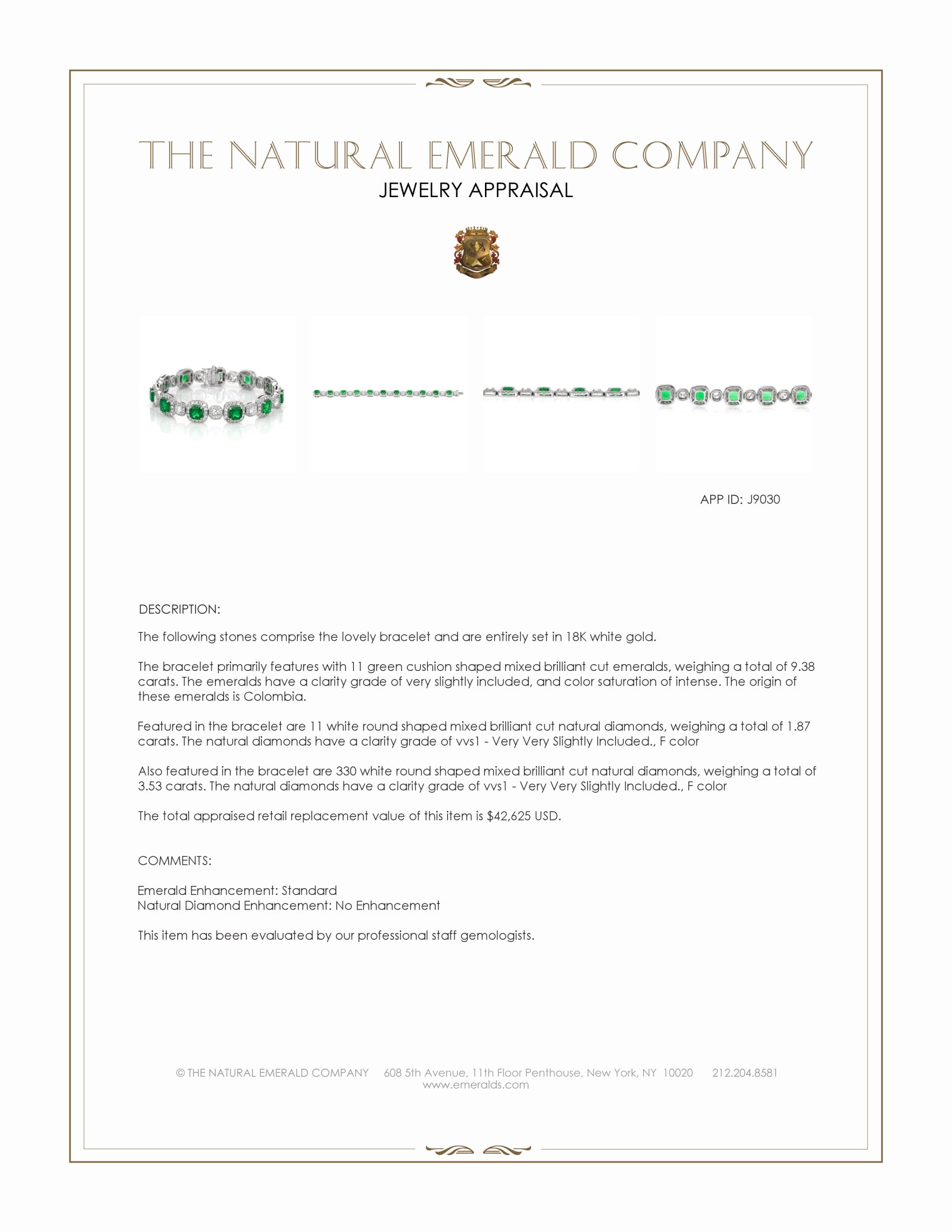 9.38 Ct.Tw. Emerald and Natural Diamond Accent Stones Bracelet, 18K White Gold