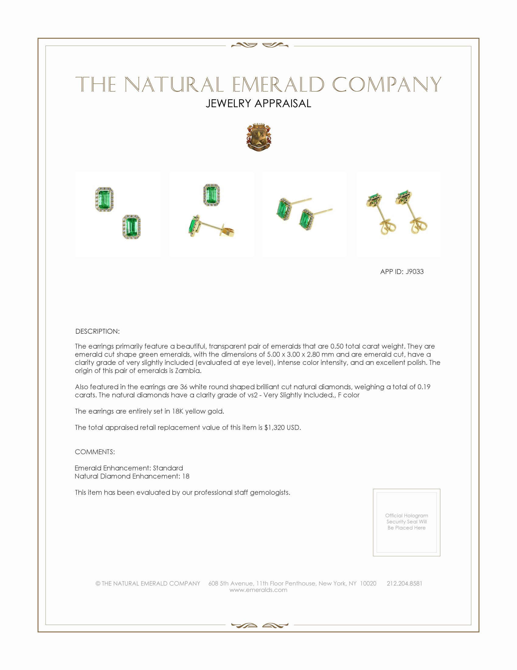 0.50 Ct.Tw. Emerald and Natural Diamond Studs Earrings, 18K Yellow Gold