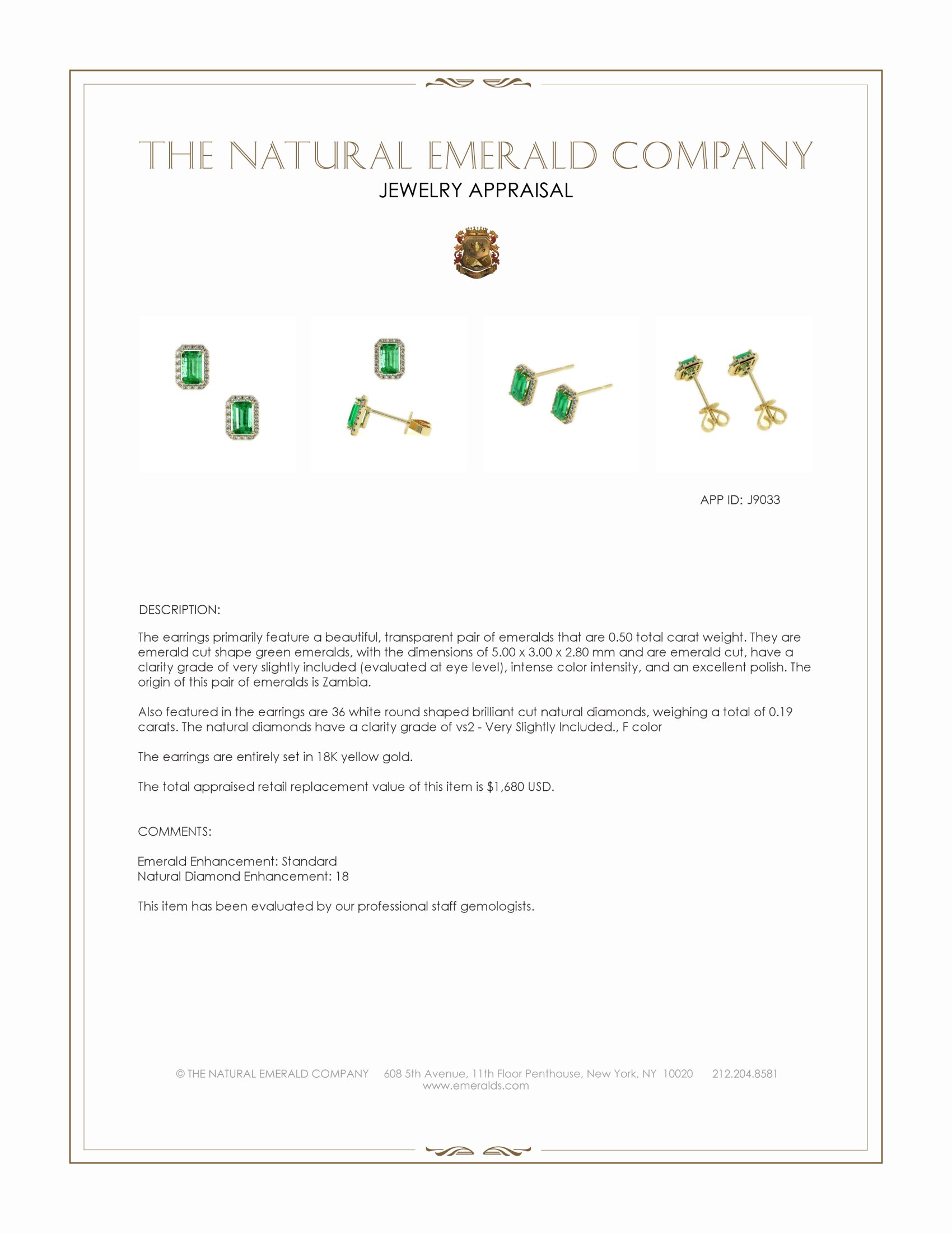 0.50 Ct.Tw. Emerald and Natural Diamond Studs Earrings, 18K Yellow Gold