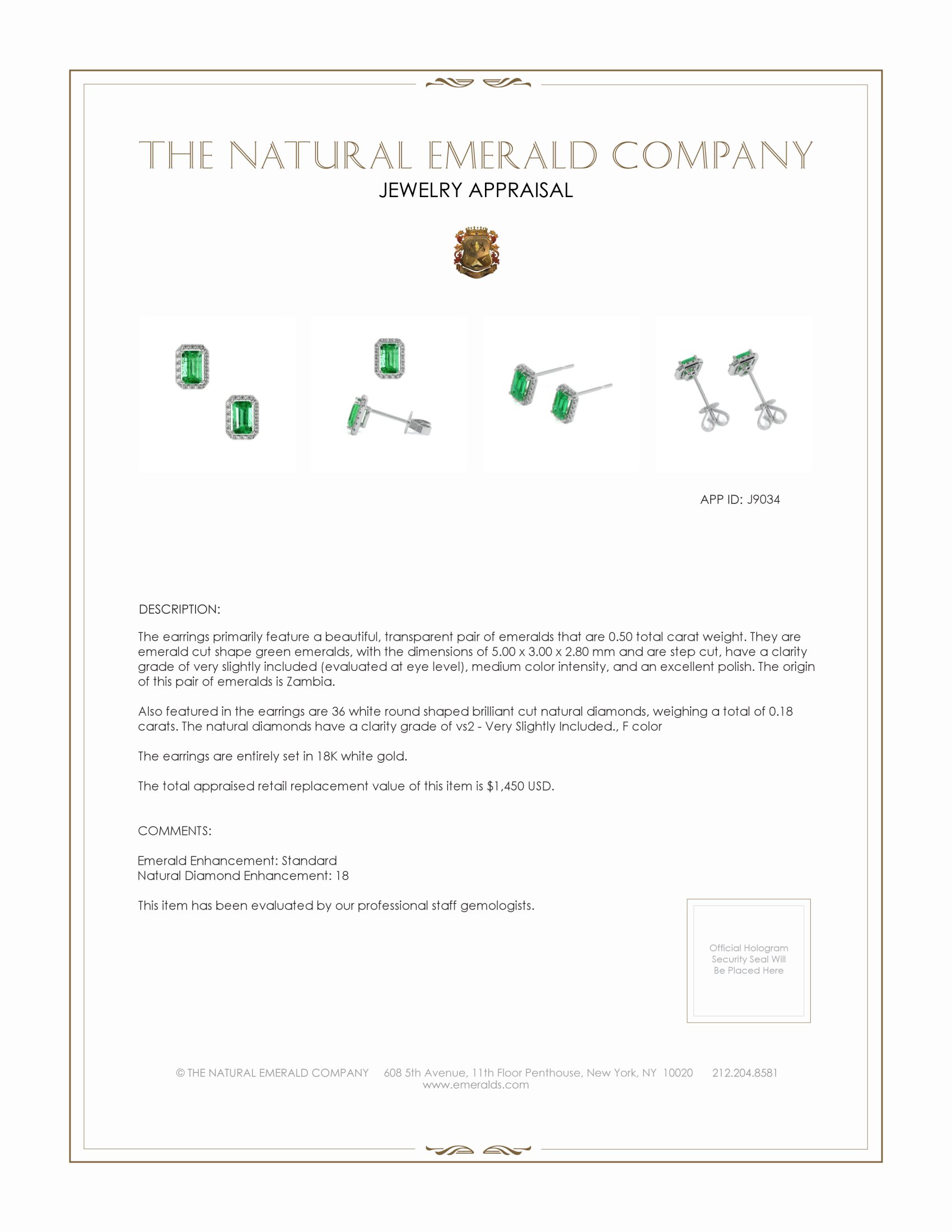 0.50 Ct.Tw. Emerald and Natural Diamond Studs Earrings, 18K White Gold