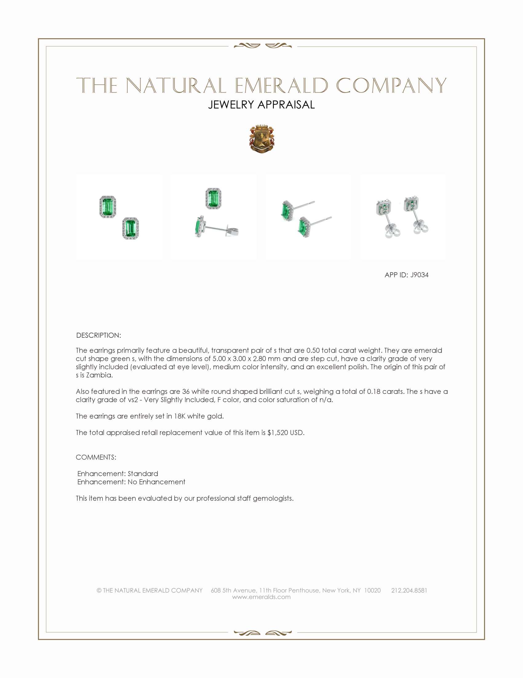 0.50 Ct.Tw. Emerald and Natural Diamond Studs Earrings, 18K White Gold
