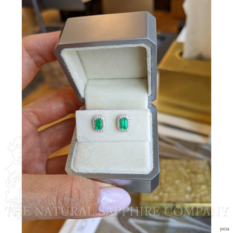 0.50 Ct.Tw. Emerald and Natural Diamond Studs Earrings, 18K White Gold