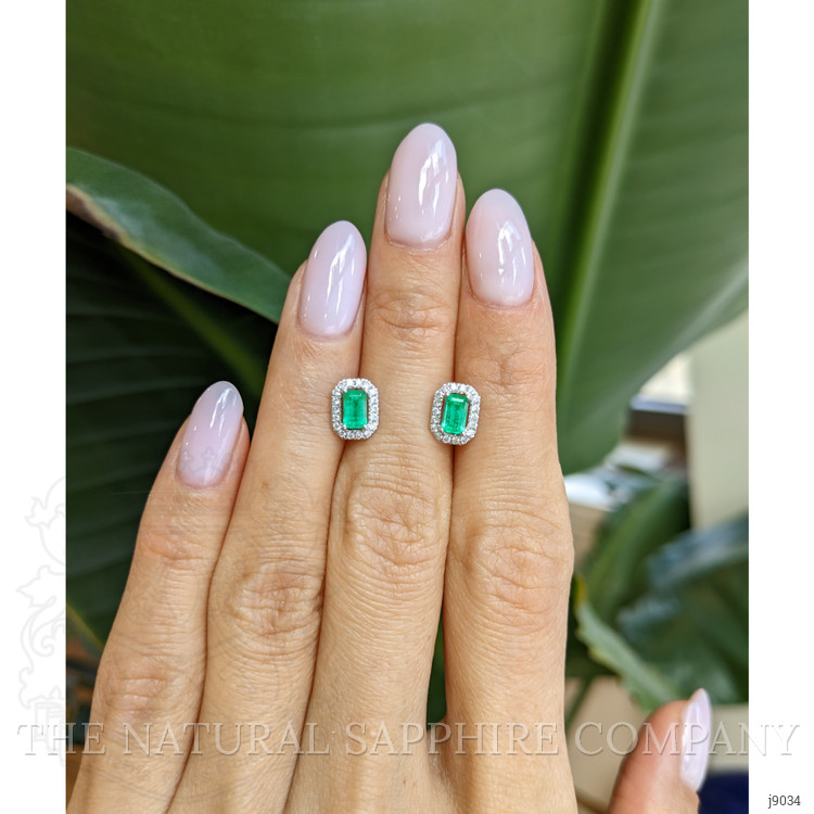 0.50 Ct.Tw. Emerald and Natural Diamond Studs Earrings, 18K White Gold