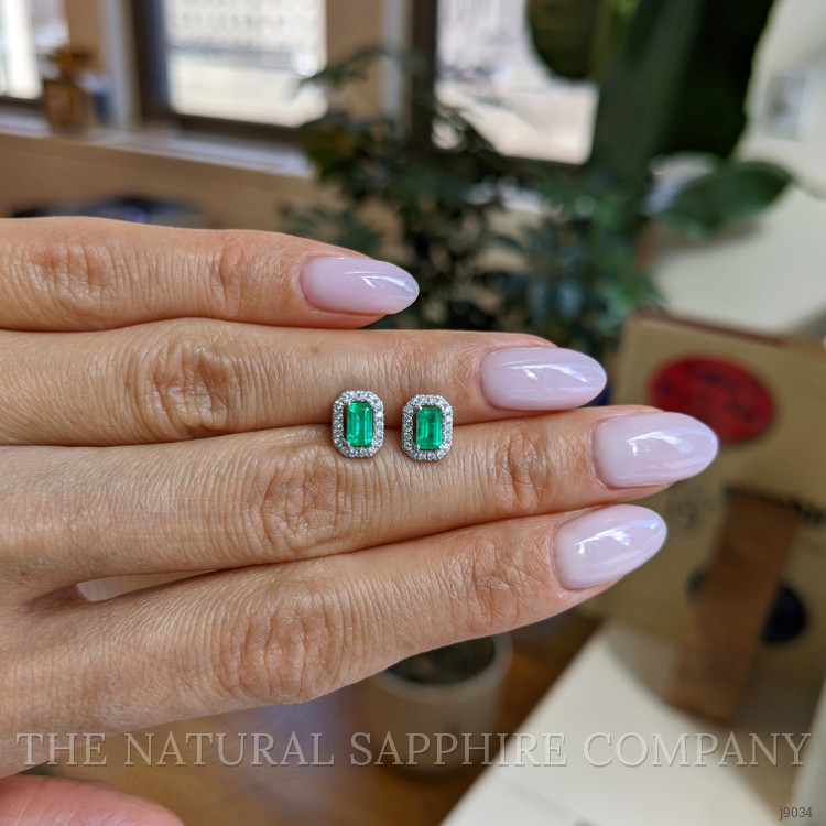 0.50 Ct.Tw. Emerald and Natural Diamond Studs Earrings, 18K White Gold
