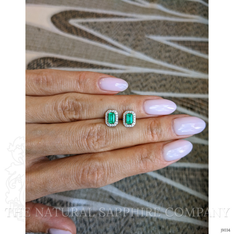 0.50 Ct.Tw. Emerald and Natural Diamond Studs Earrings, 18K White Gold