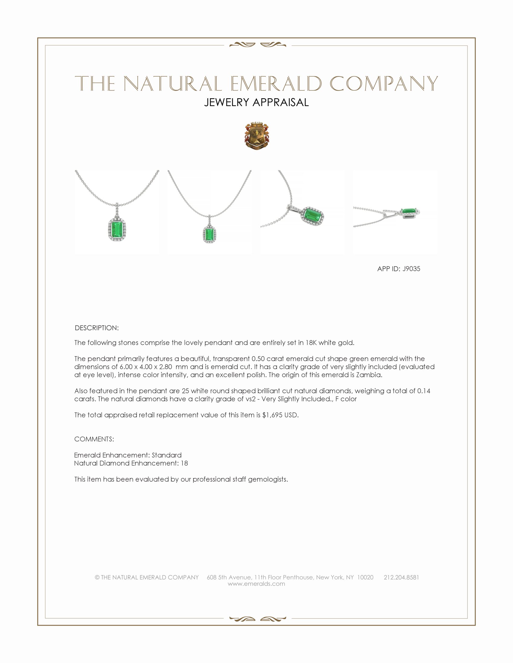 0.50 Ct. Emerald and Natural Diamond Pave Pendant, 18K White Gold