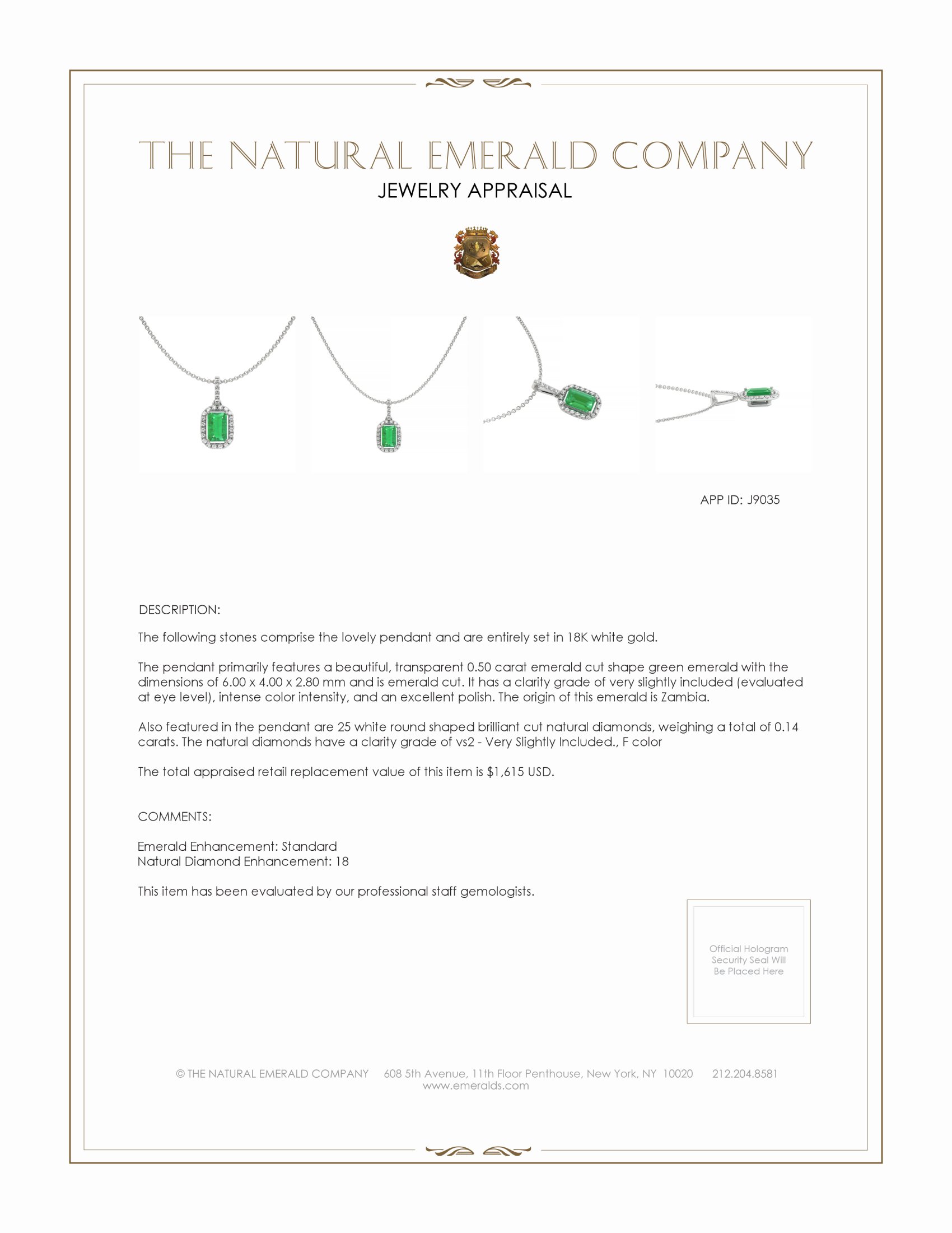 0.50 Ct. Emerald Natural Diamond Pave Pendant, 18K White Gold