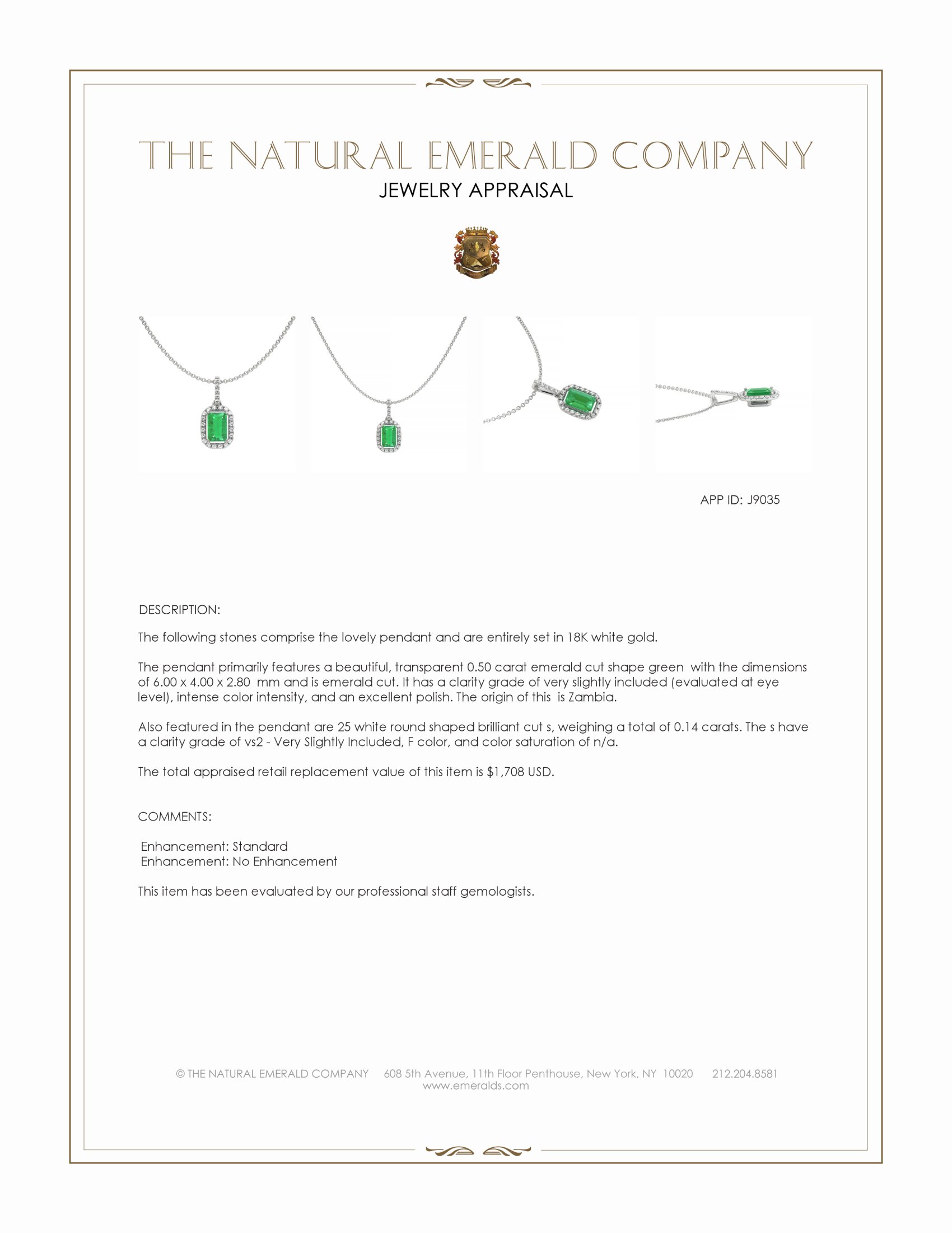 0.50 Ct. Emerald and Natural Diamond Pave Pendant, 18K White Gold