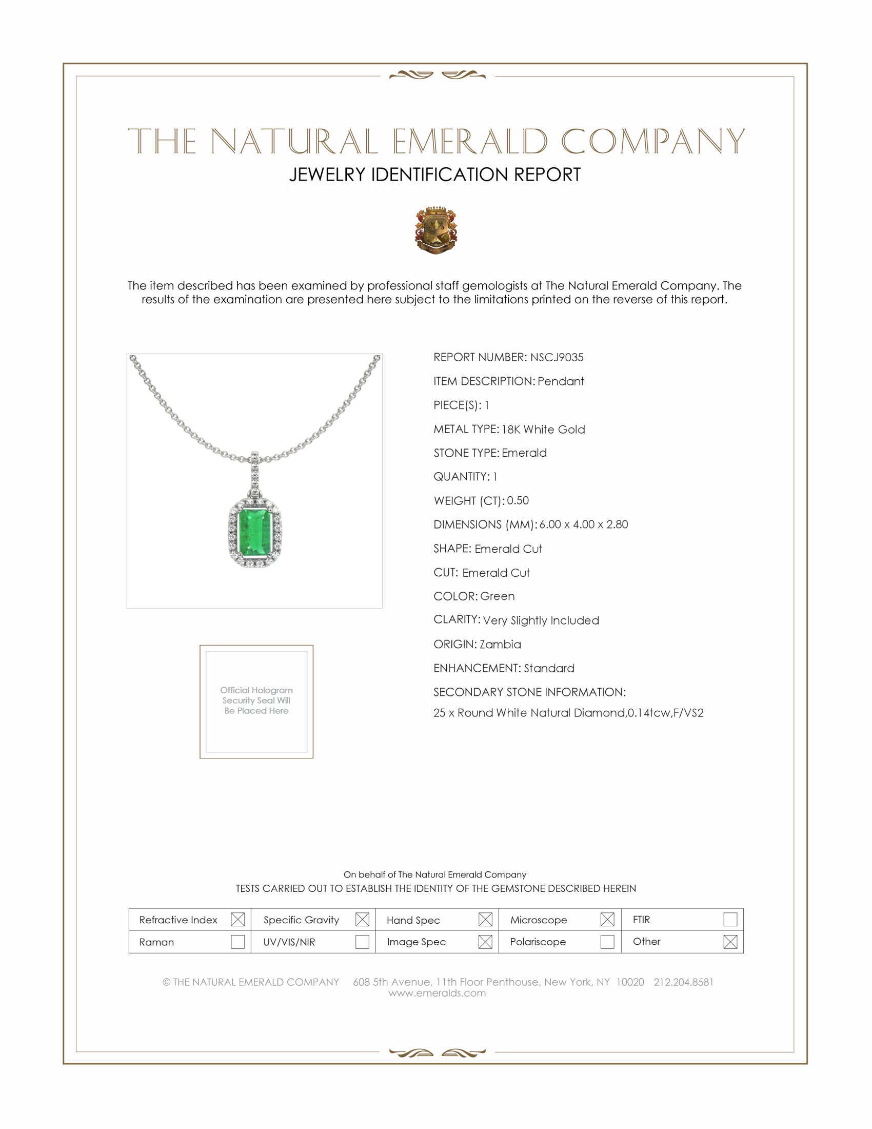 0.50 Ct. Emerald Natural Diamond Pave Pendant, 18K White Gold