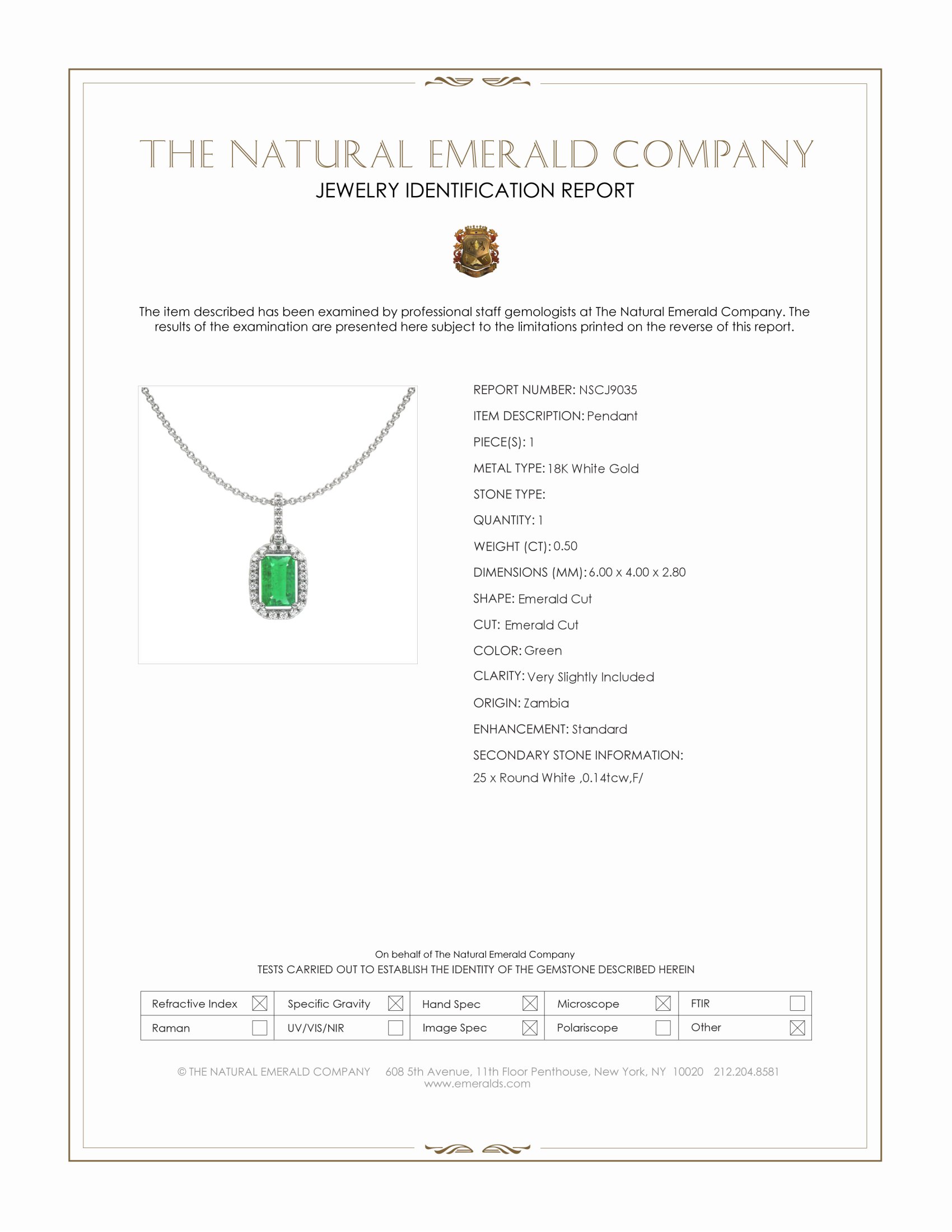 0.50 Ct. Emerald and Natural Diamond Pave Pendant, 18K White Gold