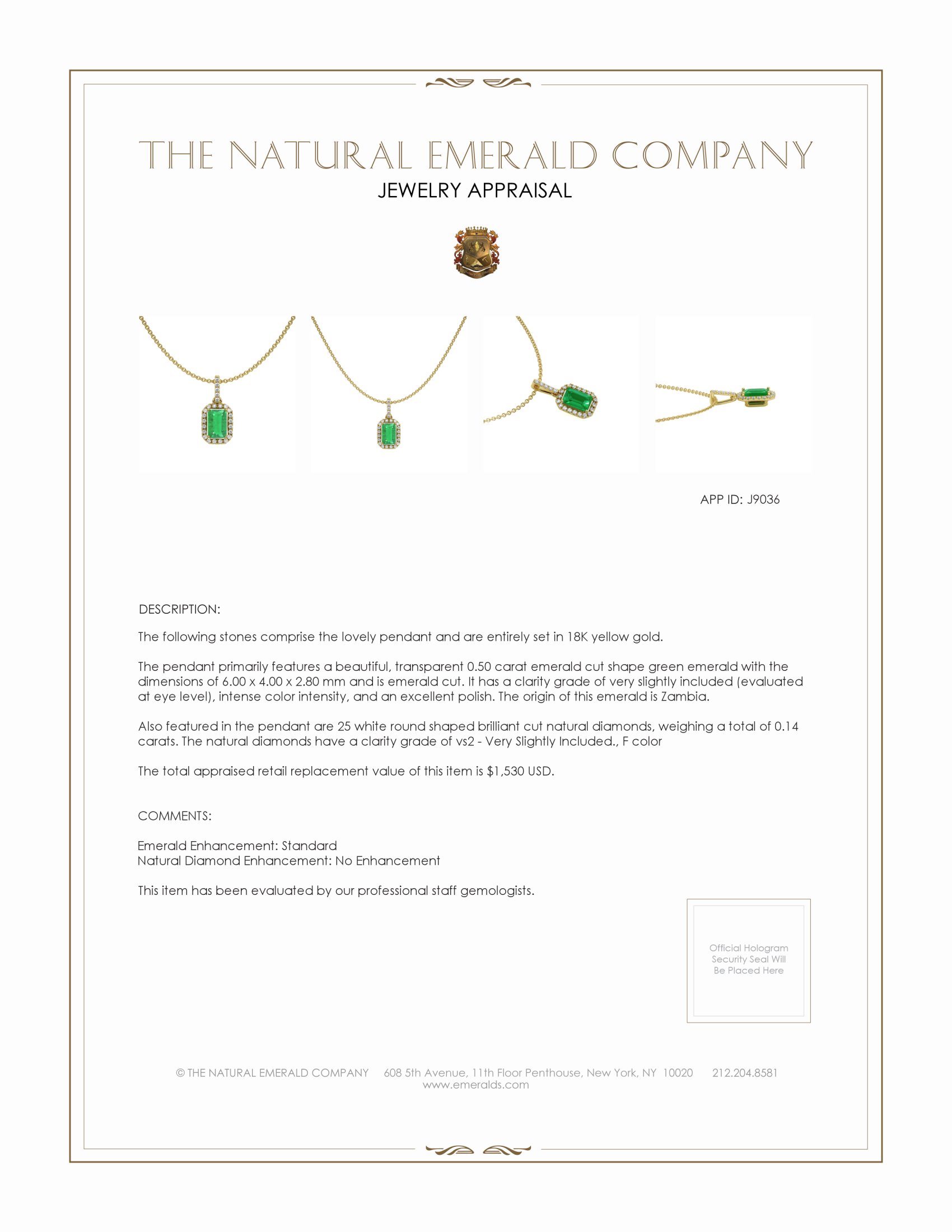 0.50 Ct. Emerald and Natural Diamond Pave Pendant, 18K Yellow Gold