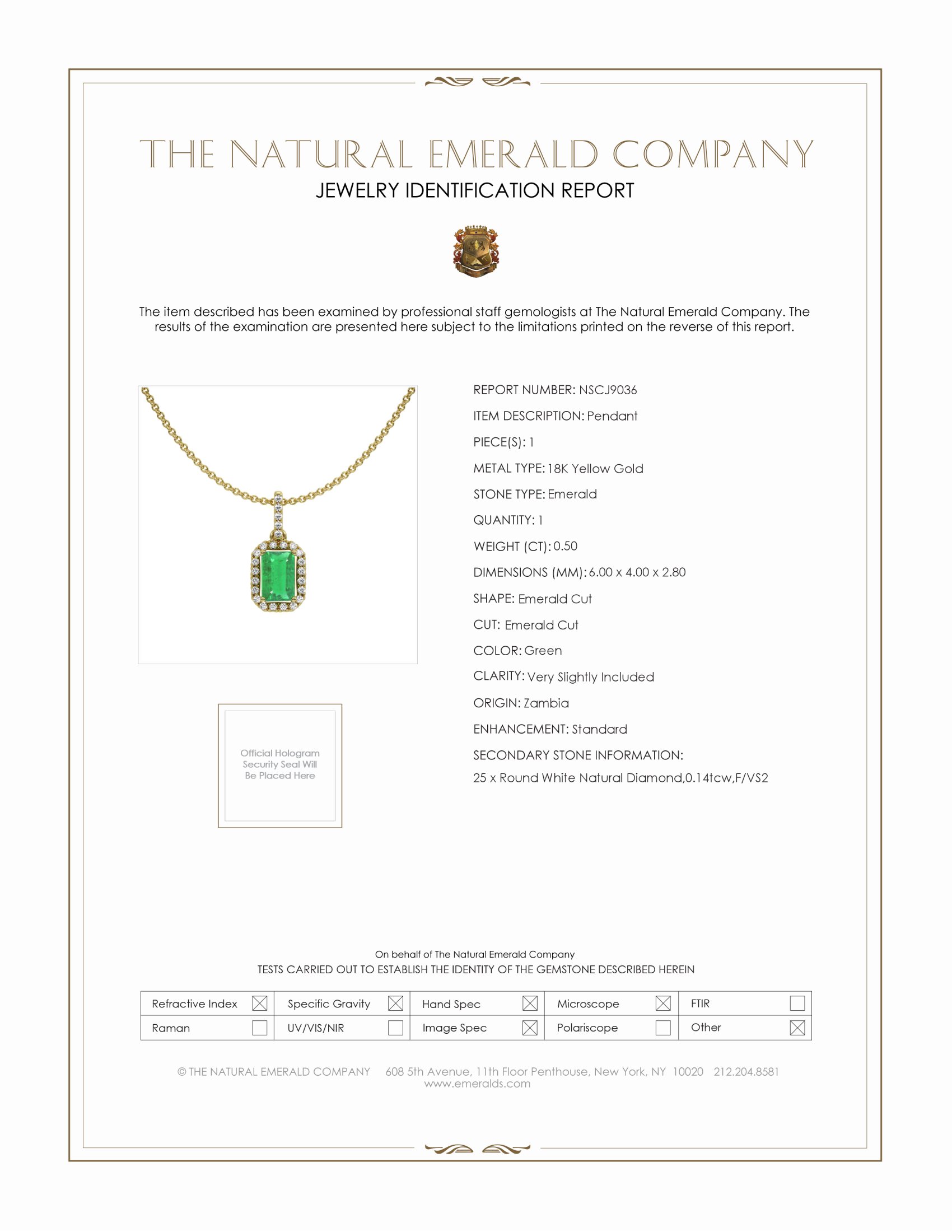 0.50 Ct. Emerald and Natural Diamond Pave Pendant, 18K Yellow Gold