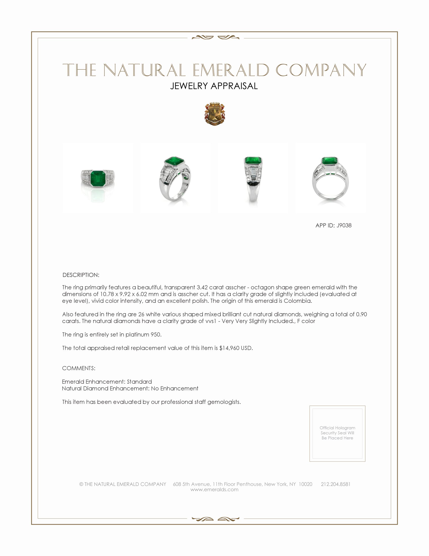 3.42 Ct. Emerald and Natural Diamond Bezel Ring, Platinum 950