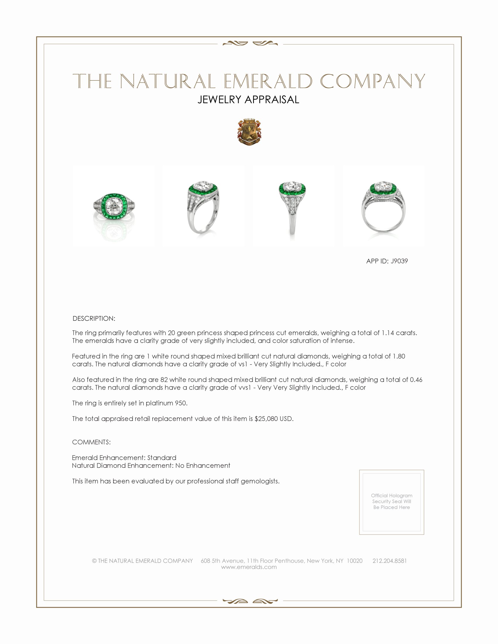 1.14 Ct. Emerald and Natural Diamond Bezel Ring, Platinum 950