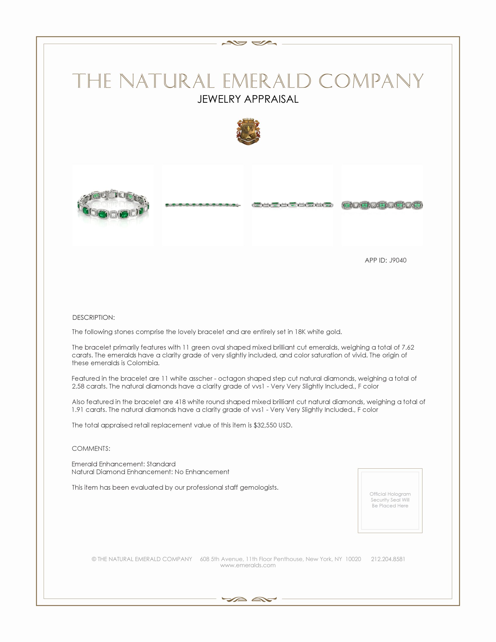 7.62 Ct.Tw. Emerald and Natural Diamond Accent Stones Bracelet, 18K White Gold