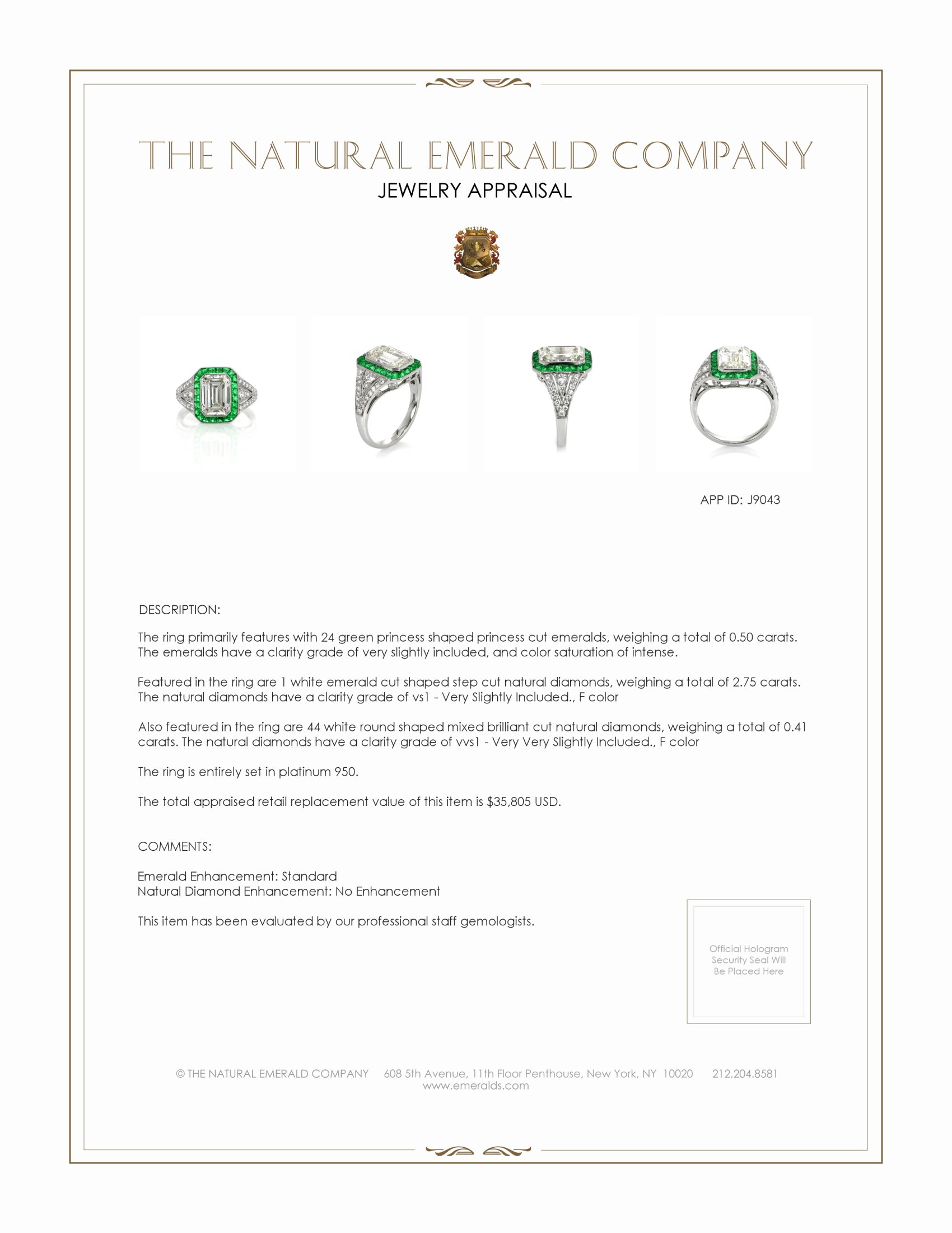 0.50 Ct. Emerald and Natural Diamond Halo Ring, Platinum 950