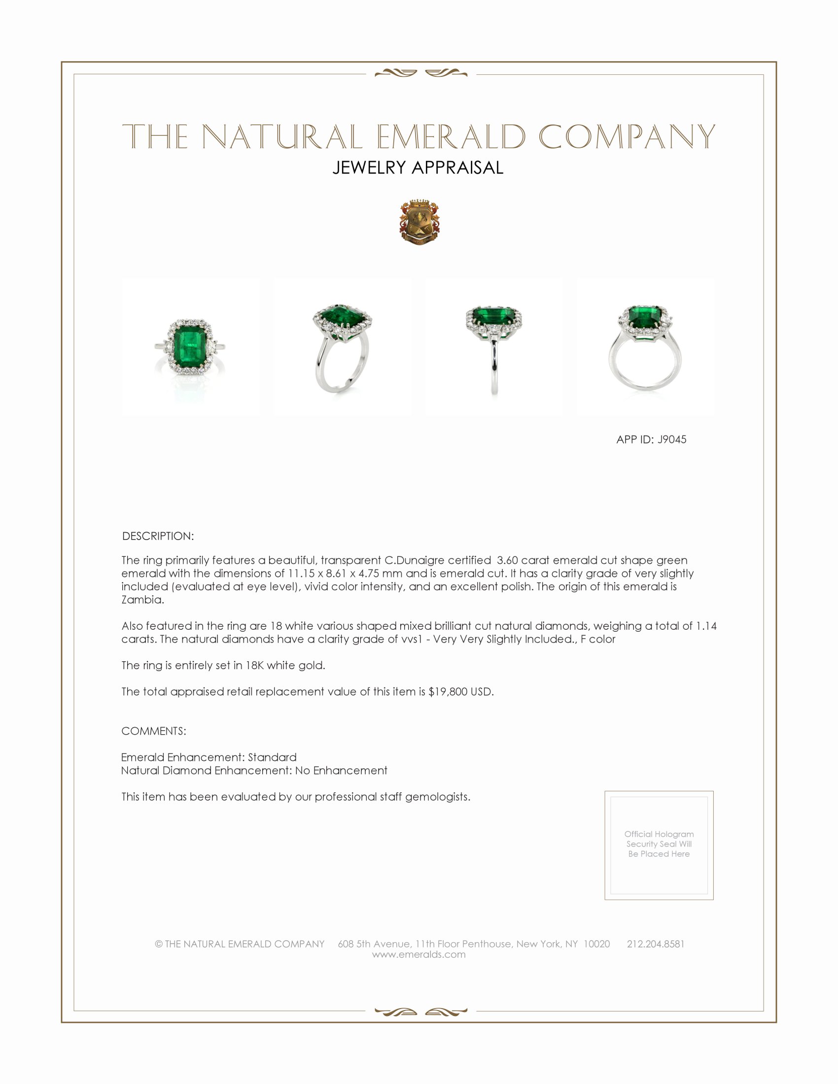 3.60 Ct. Emerald Natural Diamond Halo Ring, 18K White Gold