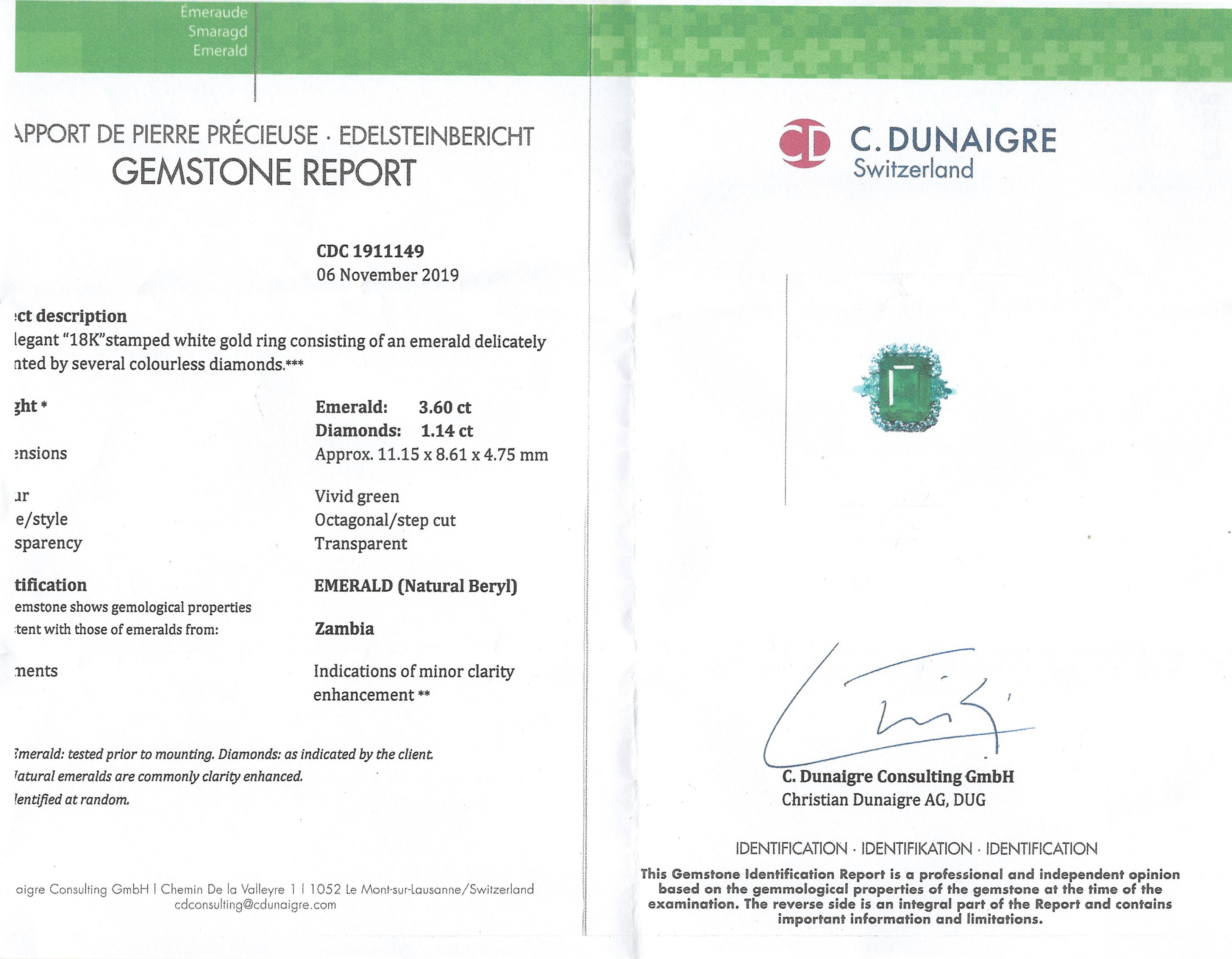 3.60 Ct. Emerald and Natural Diamond Halo Ring, 18K White Gold