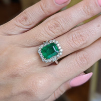 3.60 Ct. Emerald Natural Diamond Halo Ring, 18K White Gold Life Style