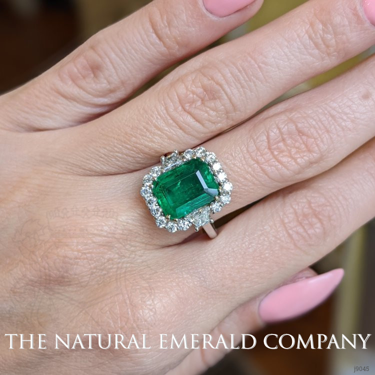 3.60 Ct. Emerald Natural Diamond Halo Ring, 18K White Gold