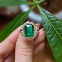 3.60 Ct. Emerald Natural Diamond Halo Ring, 18K White Gold Life Style