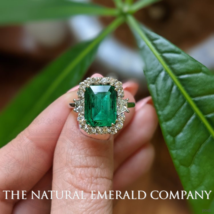 3.60 Ct. Emerald Natural Diamond Halo Ring, 18K White Gold