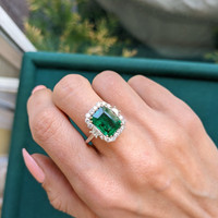3.60 Ct. Emerald Natural Diamond Halo Ring, 18K White Gold Life Style