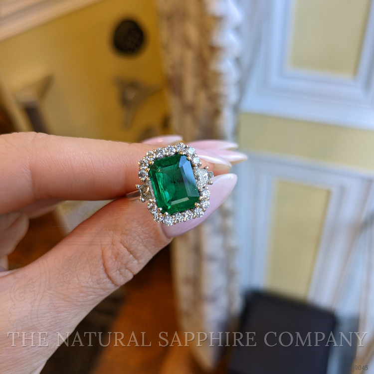 3.60 Ct. Emerald Natural Diamond Halo Ring, 18K White Gold