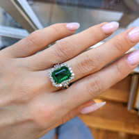 3.60 Ct. Emerald Natural Diamond Halo Ring, 18K White Gold Life Style