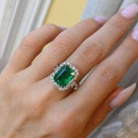 3.60 Ct. Emerald Natural Diamond Halo Ring, 18K White Gold Life Style