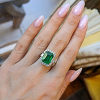 3.60 Ct. Emerald Natural Diamond Halo Ring, 18K White Gold Life Style