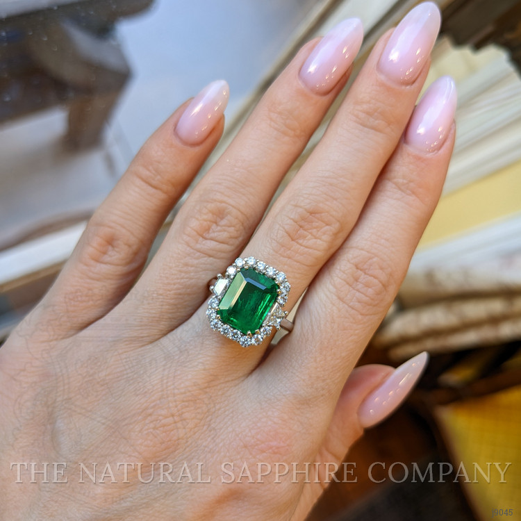 3.60 Ct. Emerald Natural Diamond Halo Ring, 18K White Gold