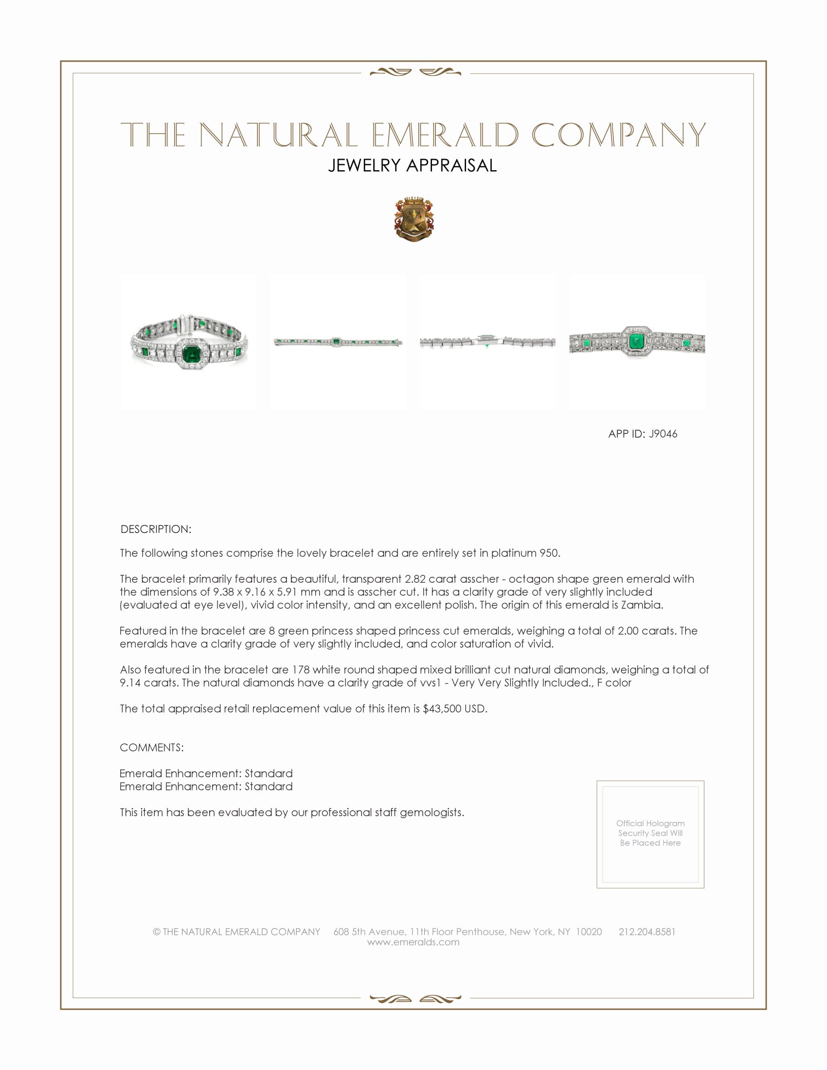 2.82 Ct.Tw. Emerald and Natural Diamond Accent Stones Bracelet, Platinum 950