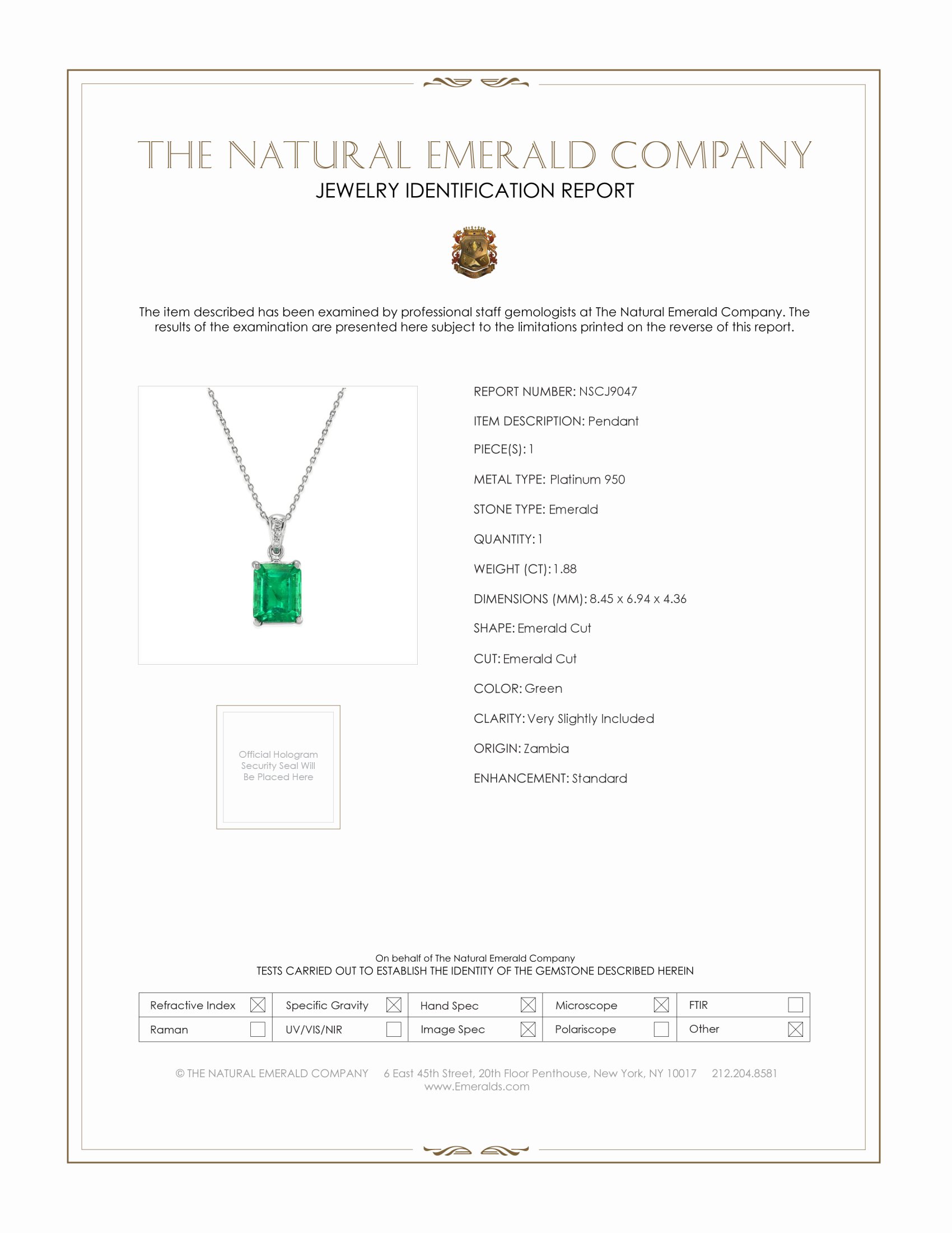 1.88 Ct. Emerald Natural Diamond Solitaire Pendant, Platinum 950