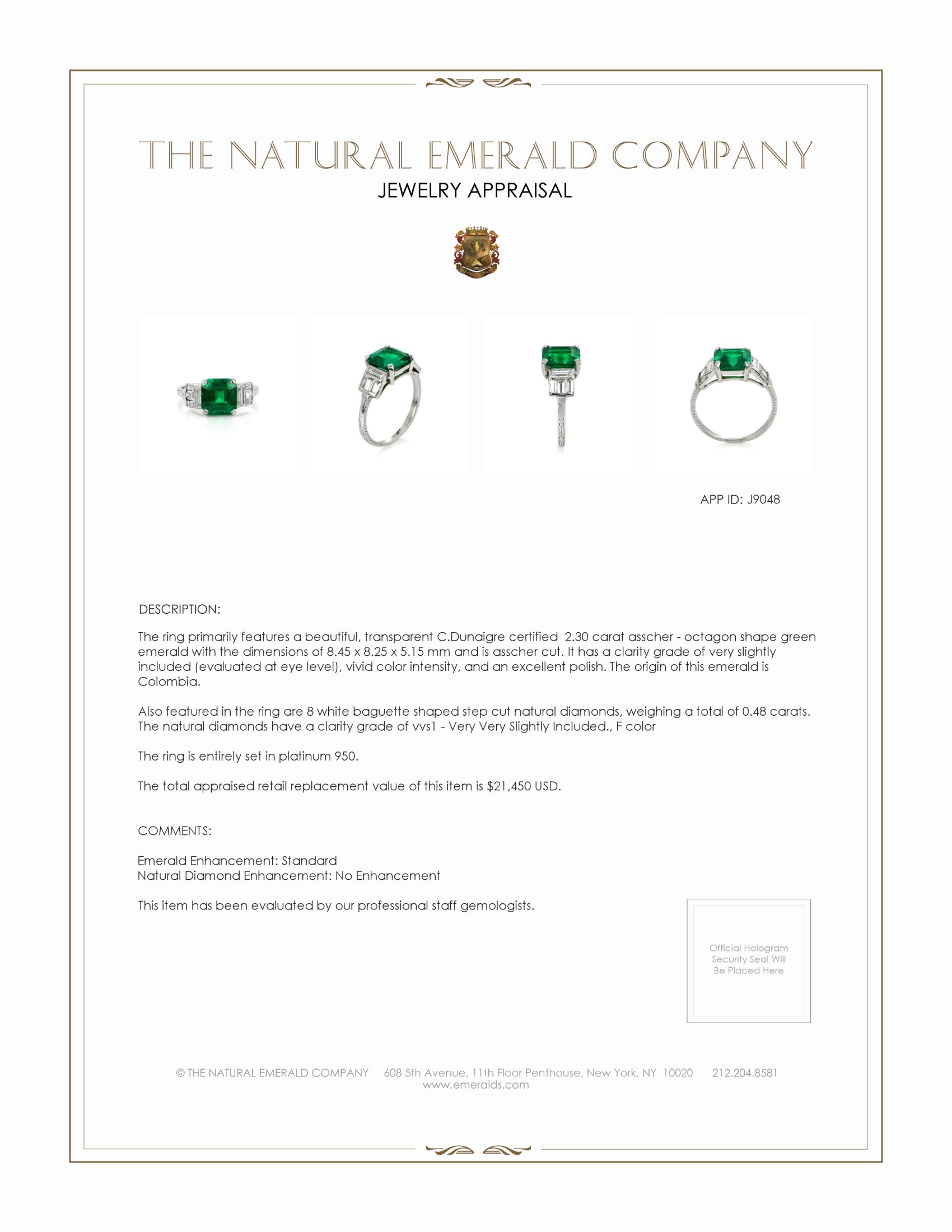 2.30 Ct. Emerald Natural Diamond Accent Stones Ring, Platinum 950