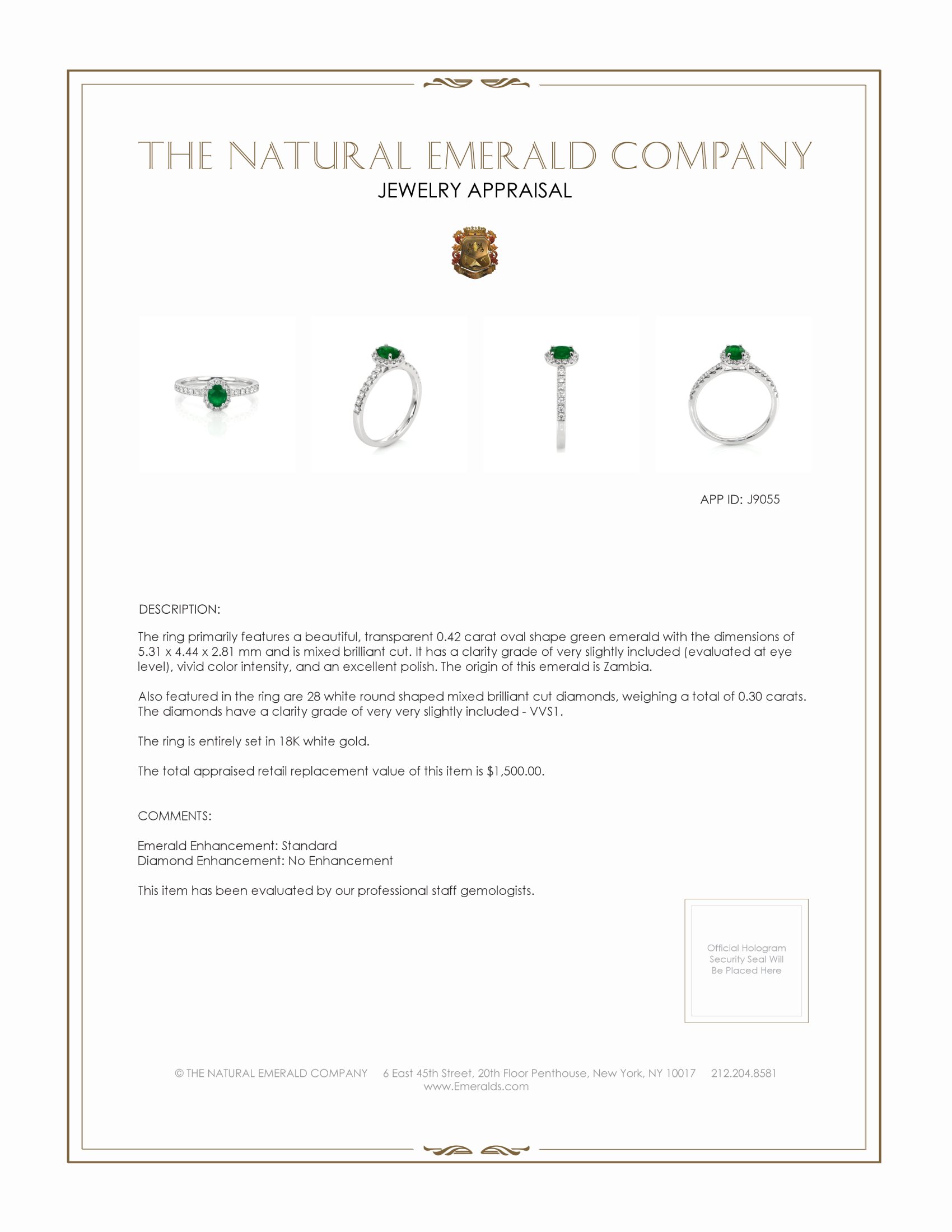 0.42 Ct. Emerald and Natural Diamond Ring, 18K White Gold