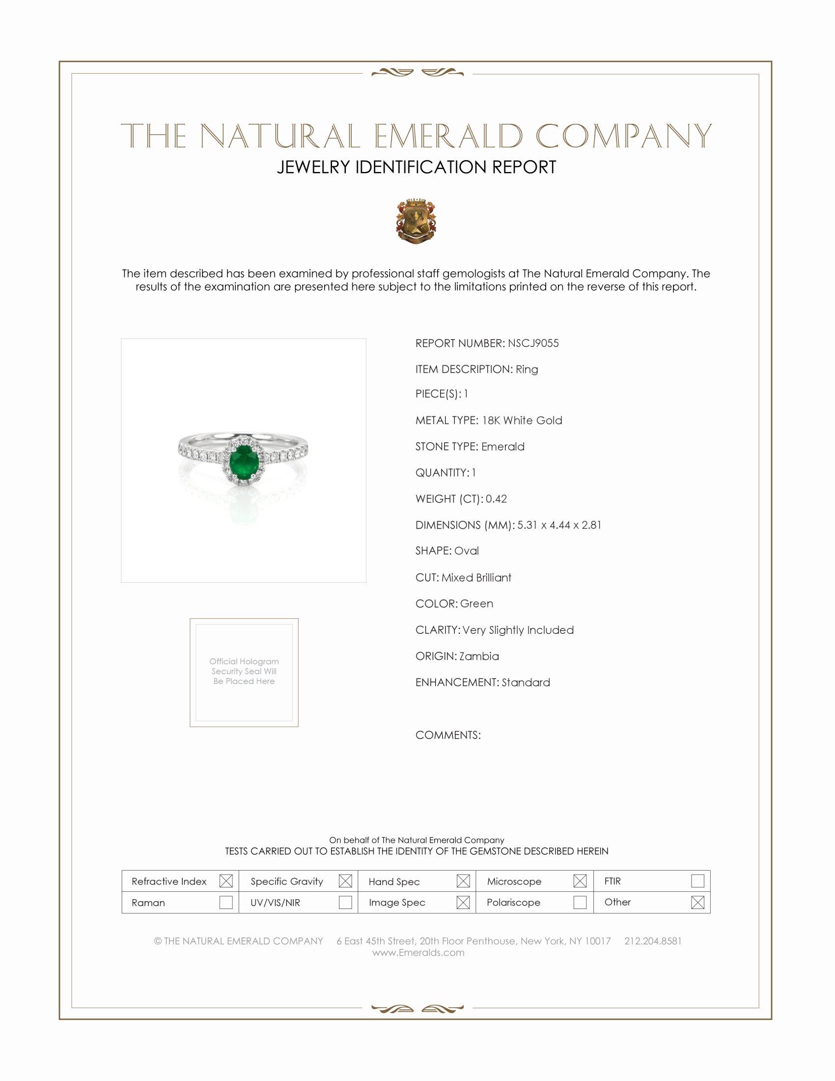 0.42 Ct. Emerald and Natural Diamond Ring, 18K White Gold